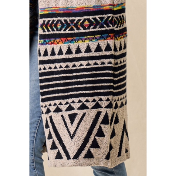 Oatmeal Multi Rainbow Aztec Jacquard Hooded Knit Open Cardigan Western Sweater - Picture 7 of 7